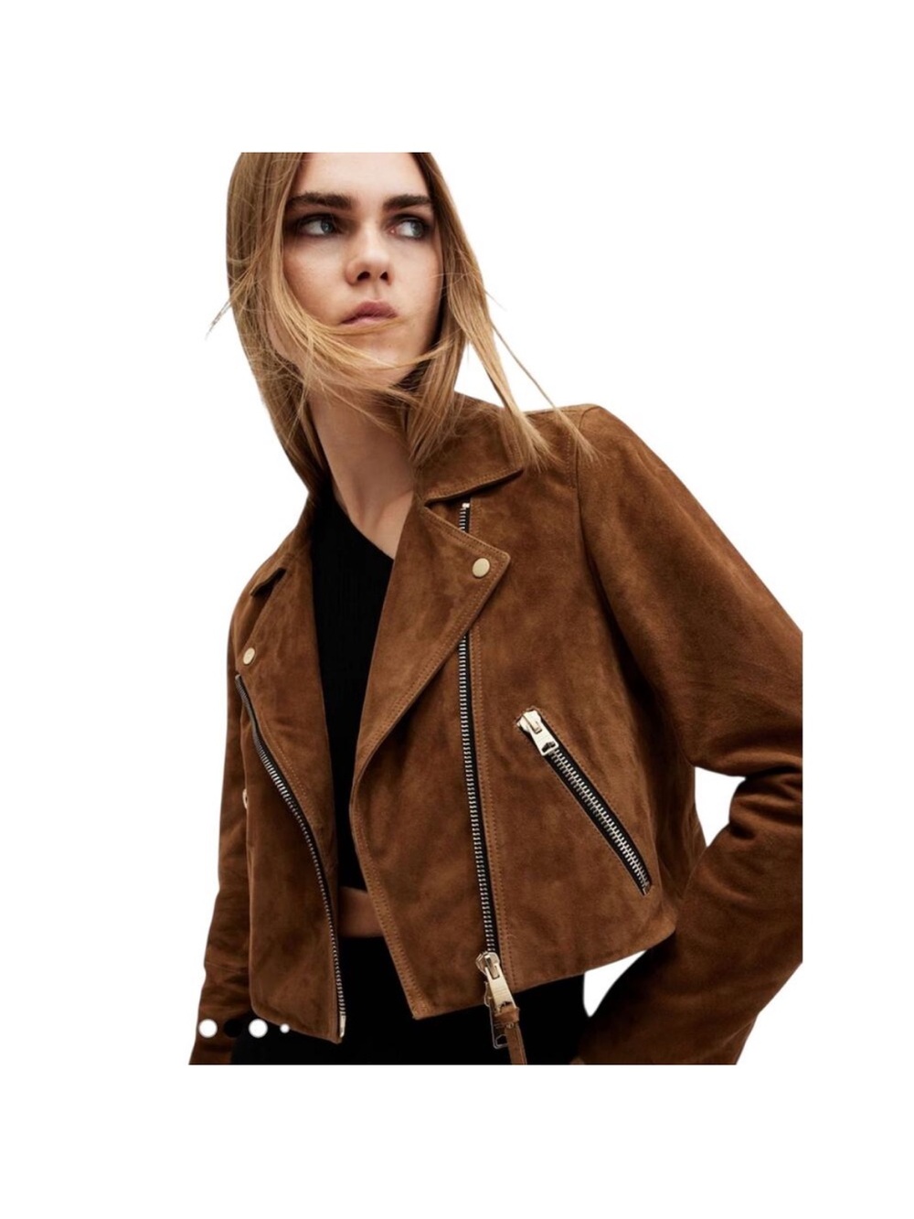 NWOT AllSaints Elora Brown Suede Cropped Moto Jacket